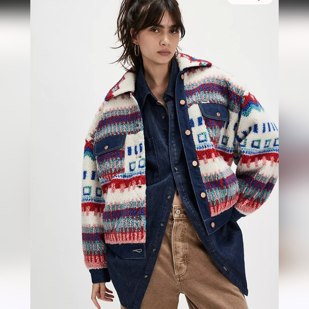 Wrangler Sherpa Trucker Southwestern Patterned Women's Jacket Boho Navajo Size S
